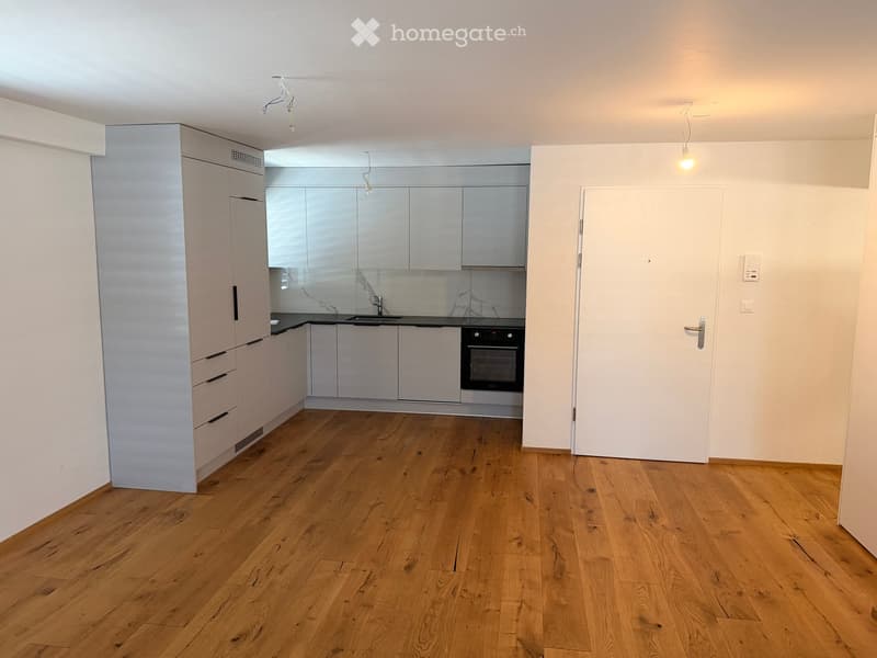 Modern kitchen with light grey cabinets, wooden flooring, and built-in appliances including a sink and oven.
