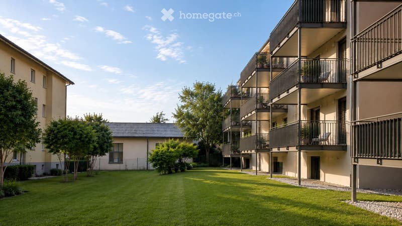 Courtyard with green lawn, trees, and multi-story apartment building with balconies.