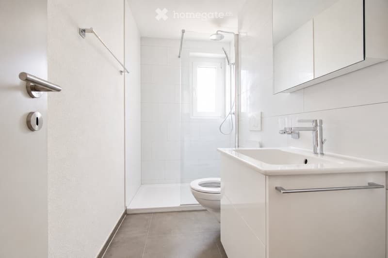 Modern bathroom with white tiles, a sink with a modern faucet, a large mirror, a toilet, and a glass-enclosed shower area with a handheld showerhead.