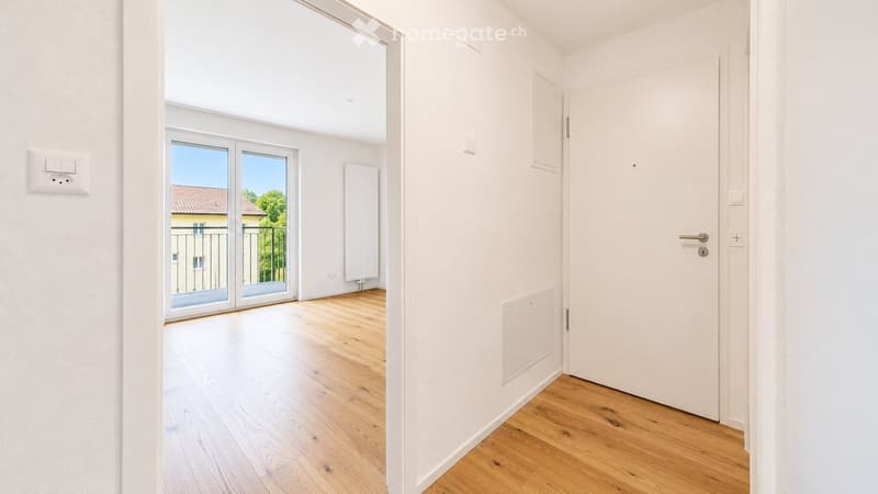Empty hallway with wooden flooring, white walls, and a closed white door leading to another room. A sliding glass door with a balcony view is visible in the adjacent room.