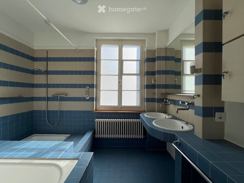 Modern bathroom with blue and beige tiles, two sinks, bathtub, shower hose, radiator, and large window.