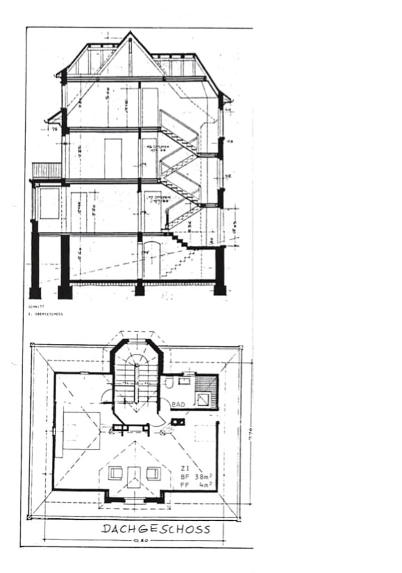 Architectural floor plan showing a multi-level house layout with labeled rooms, stairs, and dimensions. Includes a ground floor and attic level with detailed measurements and room labels.