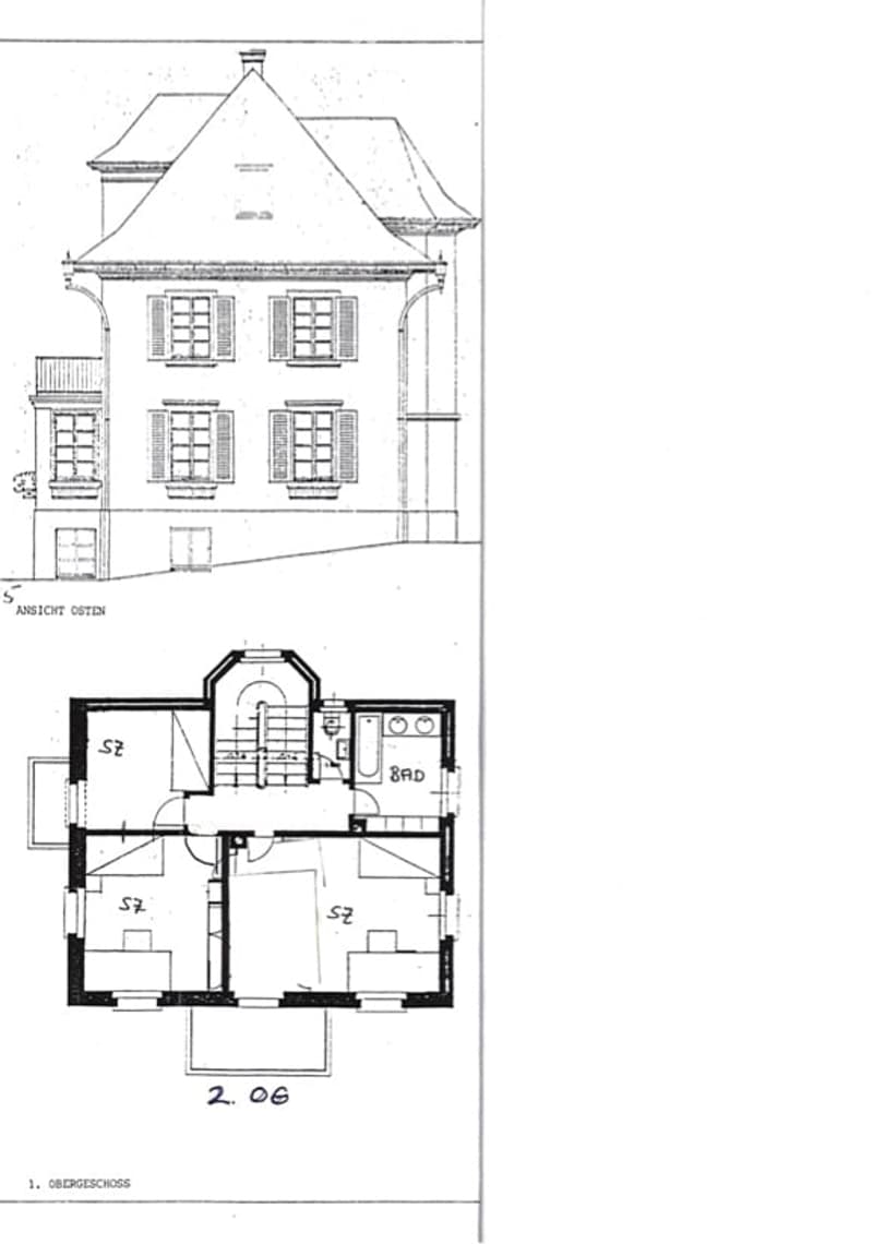 Floor plan of a two-story house with labeled rooms including living room, bedrooms, and bathroom.
