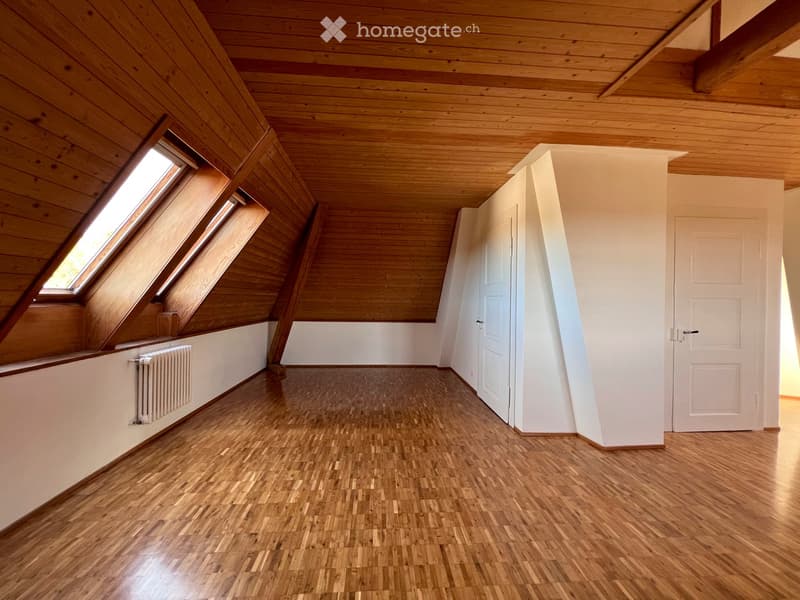Empty attic room with wooden floors, white walls, wooden ceiling, and skylight windows. Two white doors are visible.