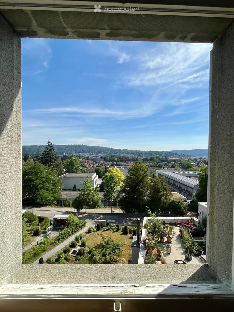 Balcony with a view of a cityscape, trees, and a garden area with potted plants and a small lawn.