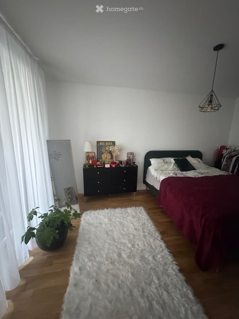 Cozy bedroom with a wooden floor, a large bed with a red blanket, a black nightstand with a lamp, a mirror, and a fluffy white rug.