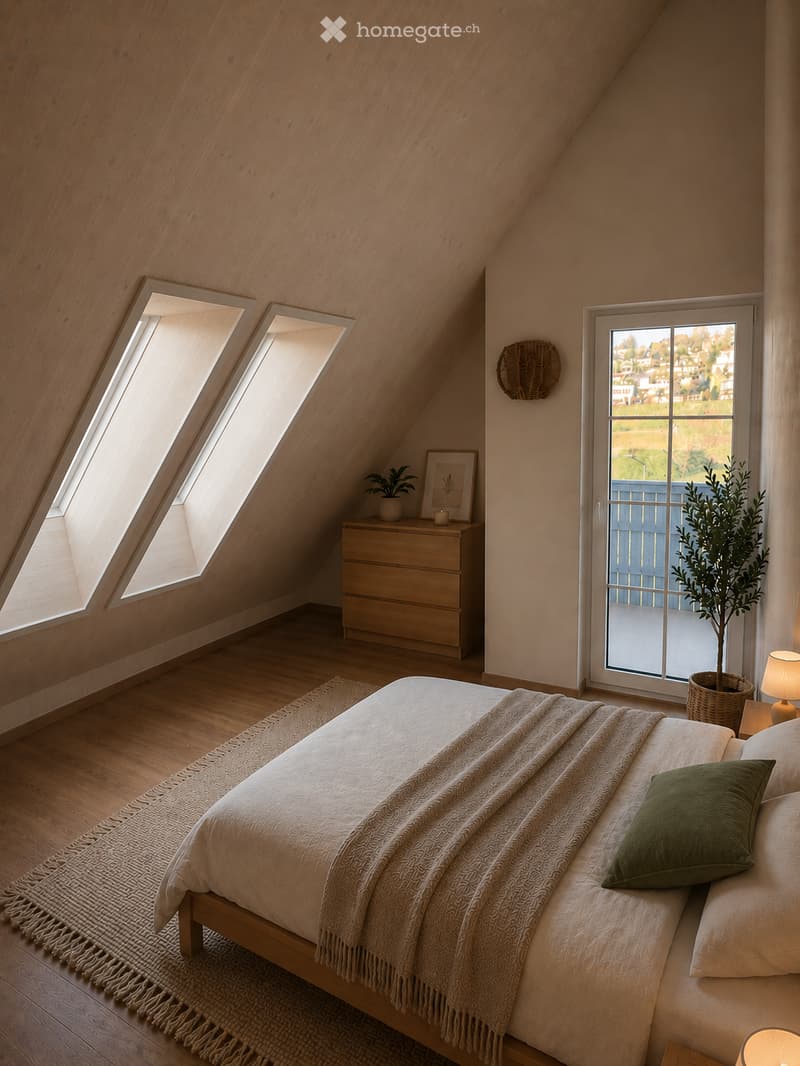Cozy attic bedroom with wooden slanted ceilings, skylights, and large windows. Features a bed with pillows and a blanket, a nightstand with a lamp, a drawer, and a potted plant near the window.