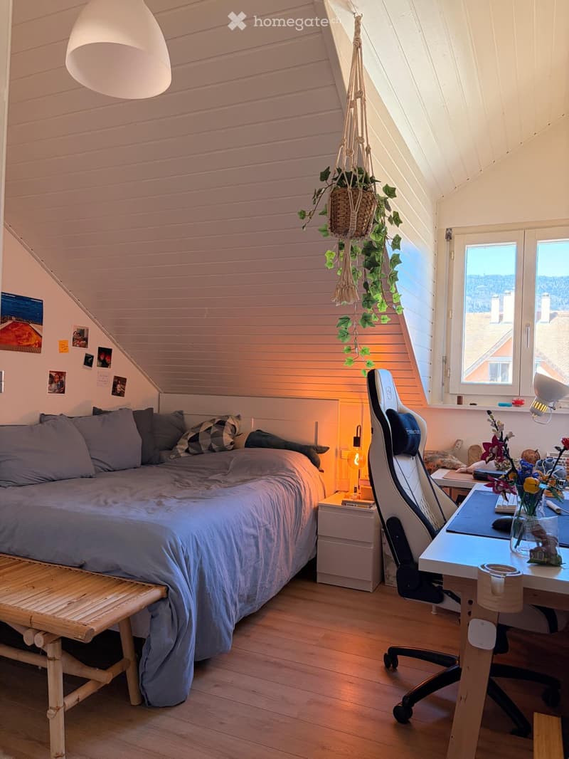 Bedroom. Cozy bedroom with a slanted ceiling, wooden floor, and large windows. Features a bed with pillows and blankets, a nightstand with a lamp, a desk with a chair, and a hanging plant.