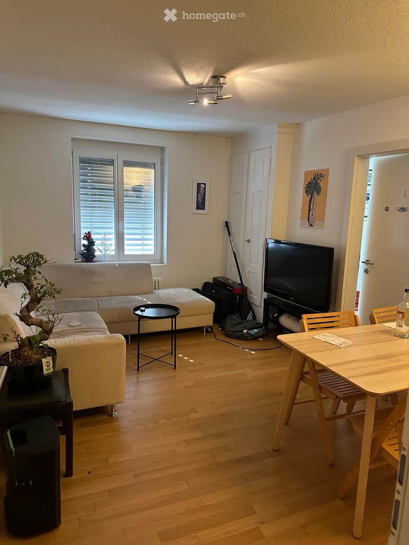 A modern living room with a light-colored sofa, a small round table, a dining table with chairs, a television, and a potted plant. The room features wooden flooring and large windows with blinds.