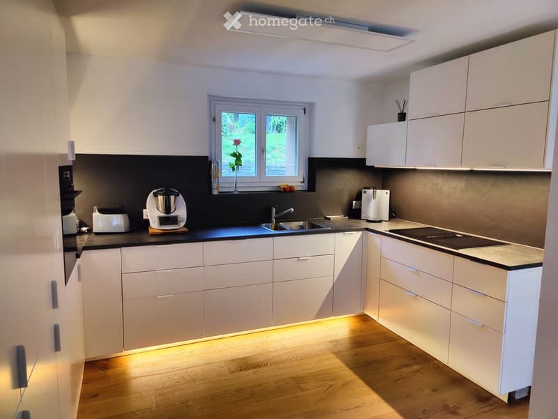 Modern kitchen with white cabinets, black countertops, wooden flooring, and built-in appliances including a sink, blender, toaster, and induction stove.