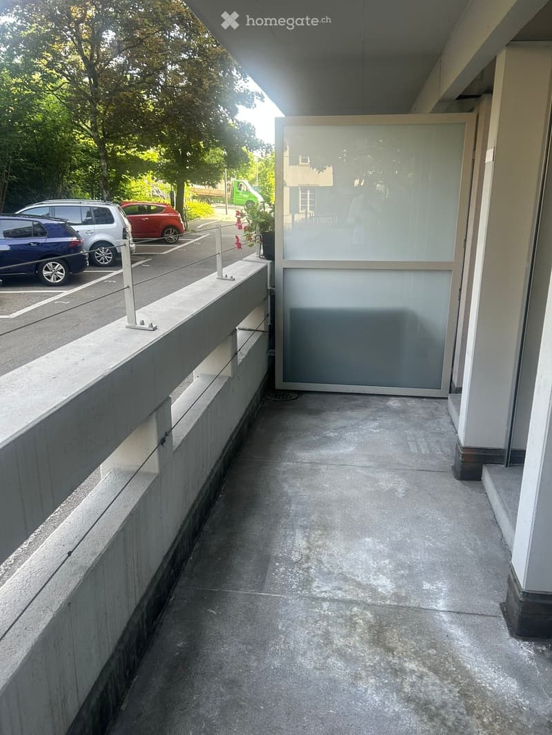 A narrow concrete corridor with a raised ground floor on one side, leading to a glass door entrance. The corridor is bordered by a low concrete wall and has a small potted plant near the entrance.