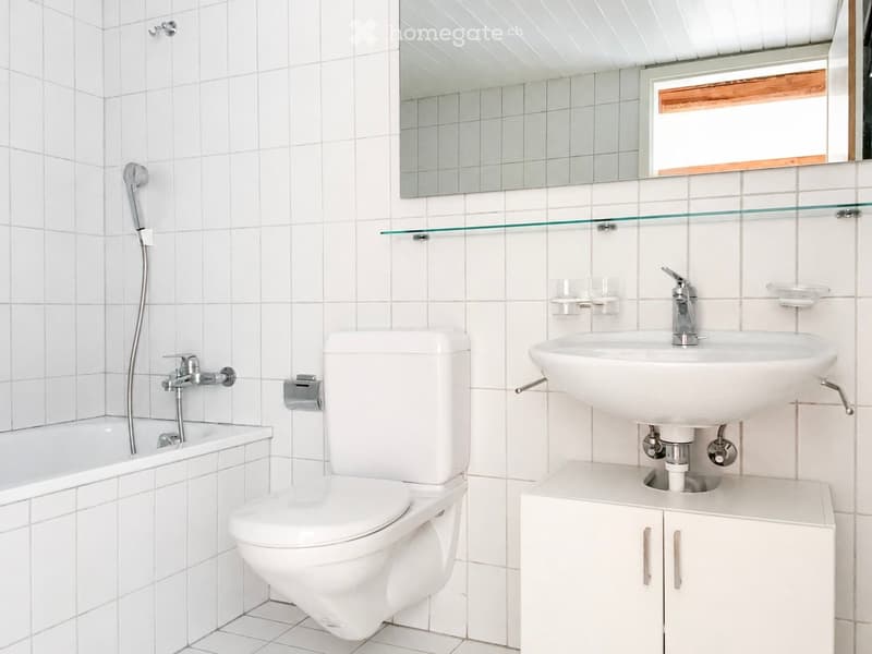 Modern bathroom with white tiles, a toilet, a sink with a cabinet, a bathtub, and a large mirror above the sink.