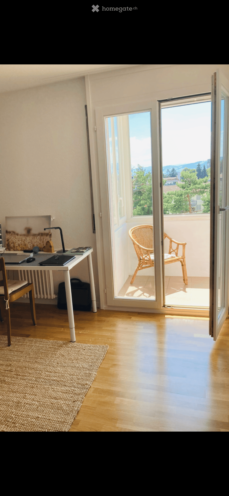desk, chair, radiator, rug, balcony, sliding glass doors, wicker chair, view