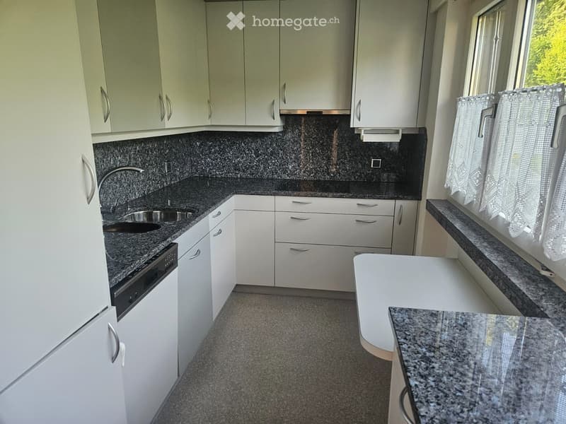 Modern kitchen with white cabinets, granite countertops, and stainless steel sink and faucet.