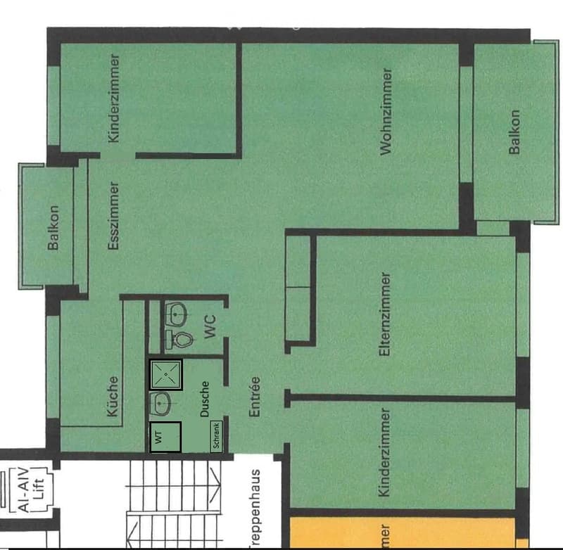 Floor plan of a 4-room apartment with living room, dining room, kitchen, two bedrooms, two bathrooms, and two balconies.
