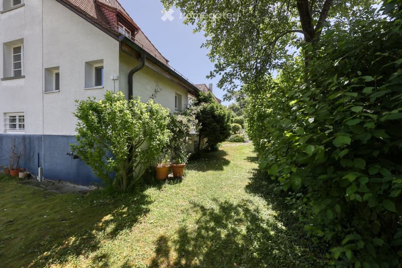 Garden area with grass, trees, shrubs, and potted plants near a two-story house with white walls and multiple windows.