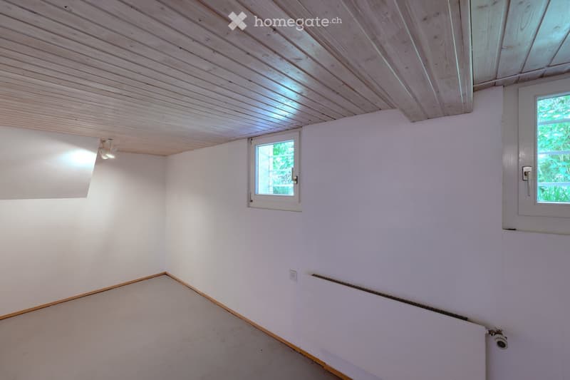 Empty room with white walls, wooden ceiling, and two windows allowing natural light. The floor is concrete, and there is a radiator on one wall.
