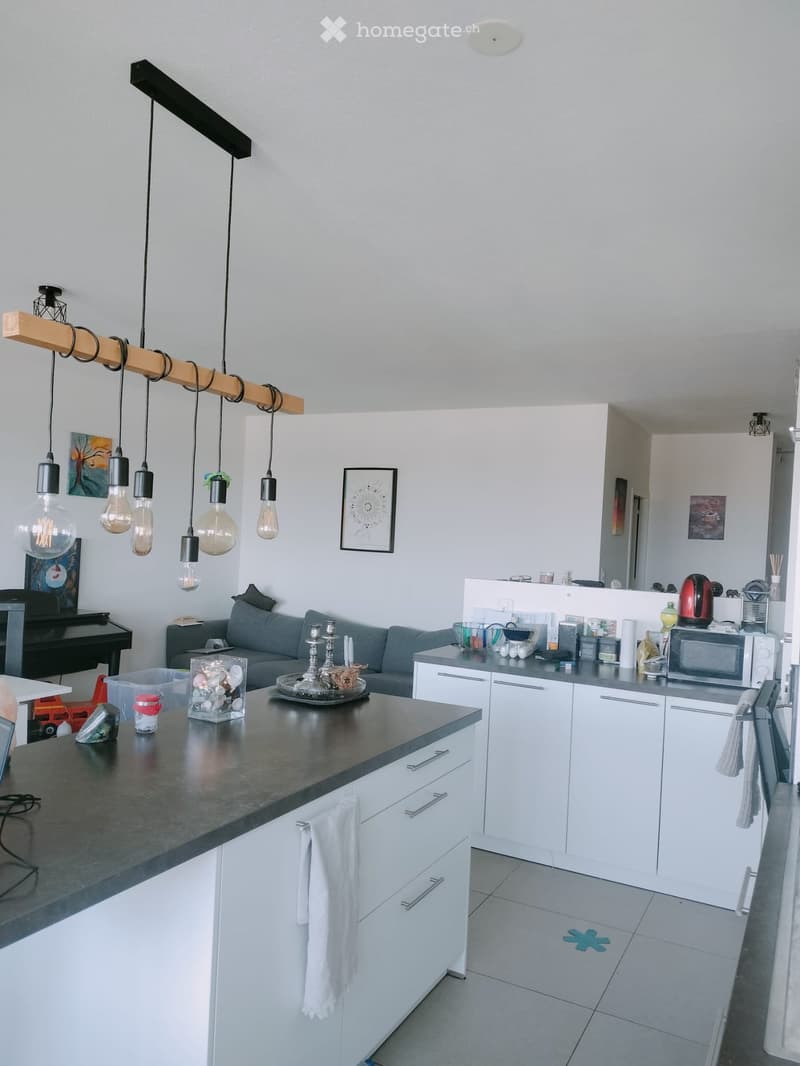 Open-plan living and kitchen area with white cabinets, grey sofa, kitchen island, and modern lighting fixtures.