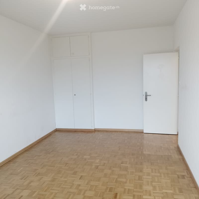 Empty room with white walls, wooden herringbone flooring, and built-in white cabinets.