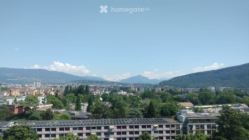A panoramic view of a cityscape with a mix of residential and commercial buildings, surrounded by lush green trees and distant mountain ranges under a clear blue sky.