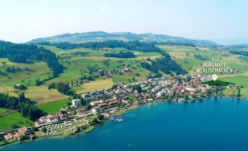 Aerial view of a picturesque village with houses, a lake, and surrounding green fields and forests.