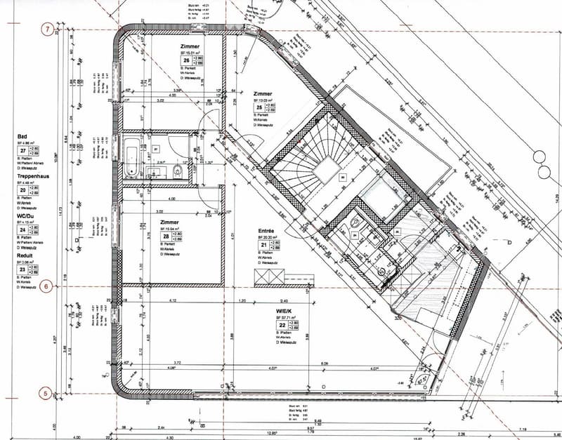Floor plan showing multiple rooms including a bathroom, living area, entrance, and several bedrooms with labeled dimensions and floor levels.