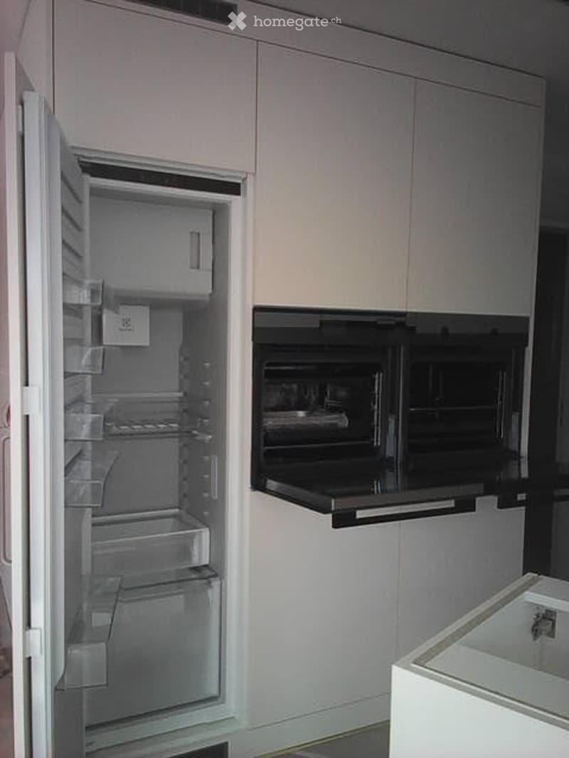 Modern kitchen with white cabinets, a built-in refrigerator, and a black oven.