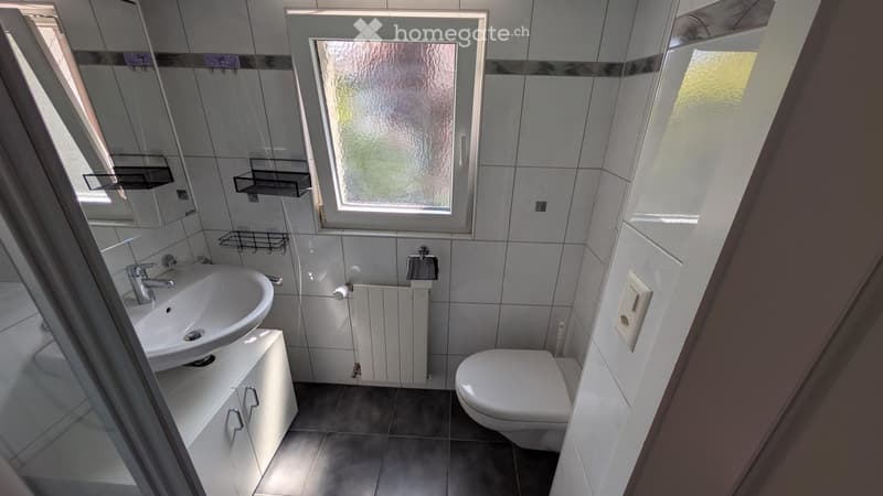 Modern bathroom with white tiles, a sink, toilet, mirror, and wall-mounted shelves. Features a frosted window and a small cabinet under the sink.