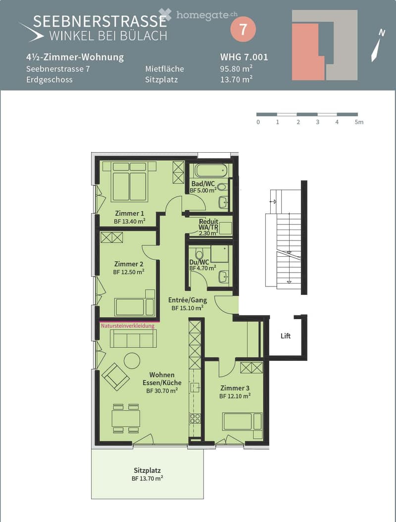 Floor plan of a 4.5-room apartment on the ground floor, including living/dining/kitchen area, three bedrooms, two bathrooms, entrance hall, and a balcony.