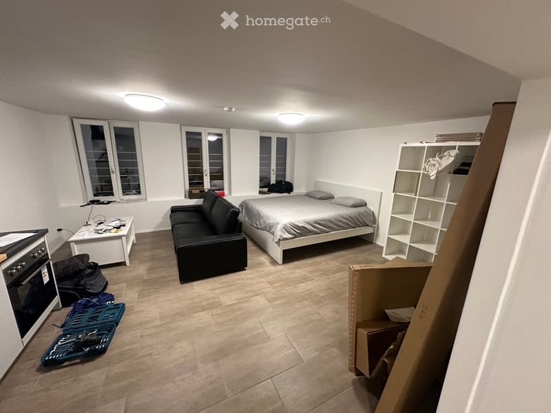Modern bedroom with a bed, sofa, small table, shelf, and oven. Wooden flooring and white walls.