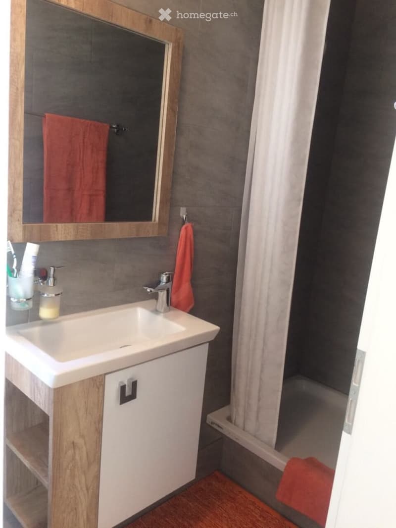 Modern bathroom with a white sink, wooden cabinet, large mirror, and red towels. Includes a bathtub with a white curtain and a toothbrush holder on the sink.