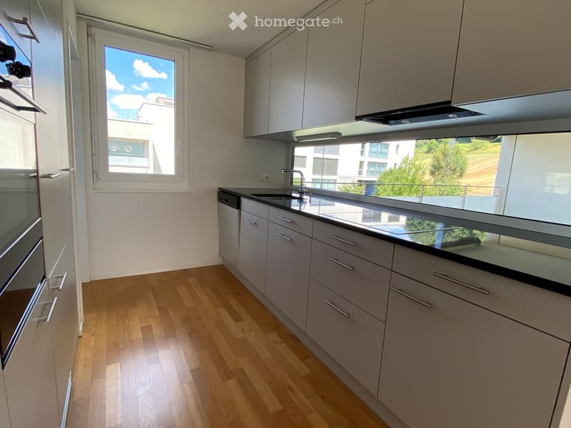 Modern kitchen with light grey cabinets, wooden flooring, and a black countertop. Features a sink, faucet, and dishwasher.