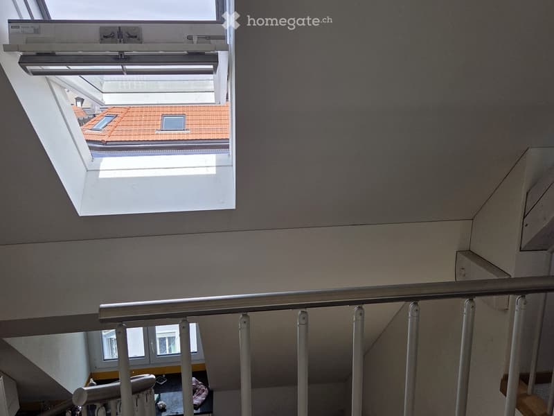 Modern hallway with a metal railing, large skylight window, and visible rooms below.