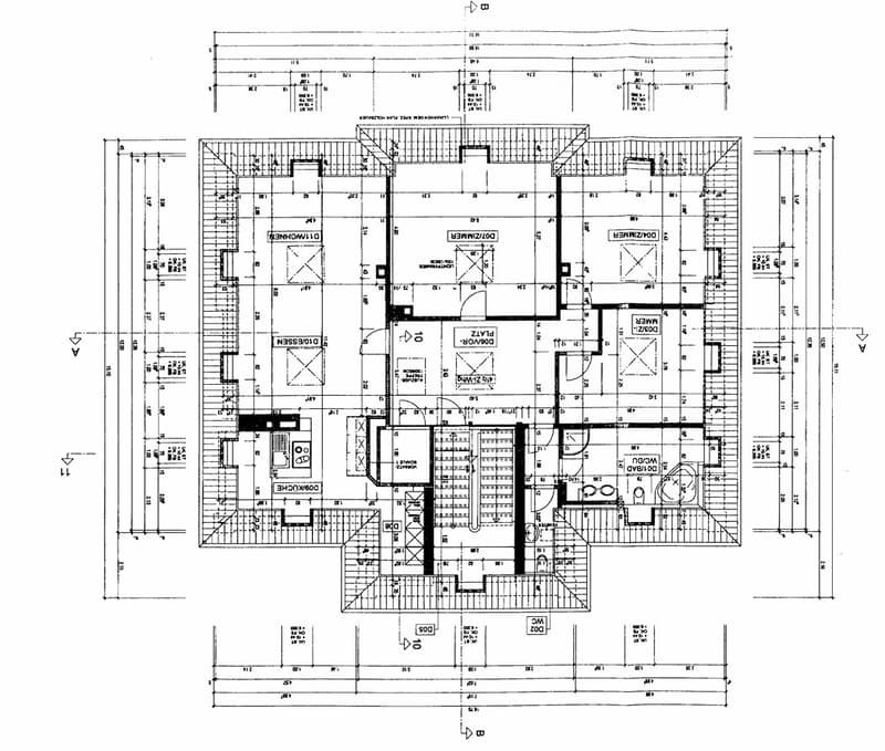 Floor plan of a multi-story building with labeled rooms including living room, kitchen, bedrooms, bathrooms, and other spaces.