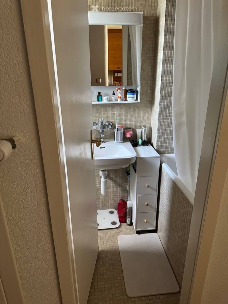 Compact bathroom with a white sink, mirror, small cabinet, and a toilet. The space includes a bathroom scale, a rug, and a shower curtain.