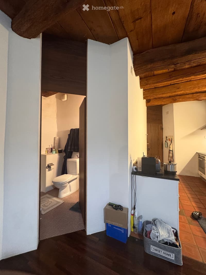 The image shows a small, partially furnished room with wooden beams on the ceiling. It includes a bathroom area with a toilet and sink, and a kitchen area with a coffee maker, pot, and oven. There are also various items such as a basket, a box, and a stoo