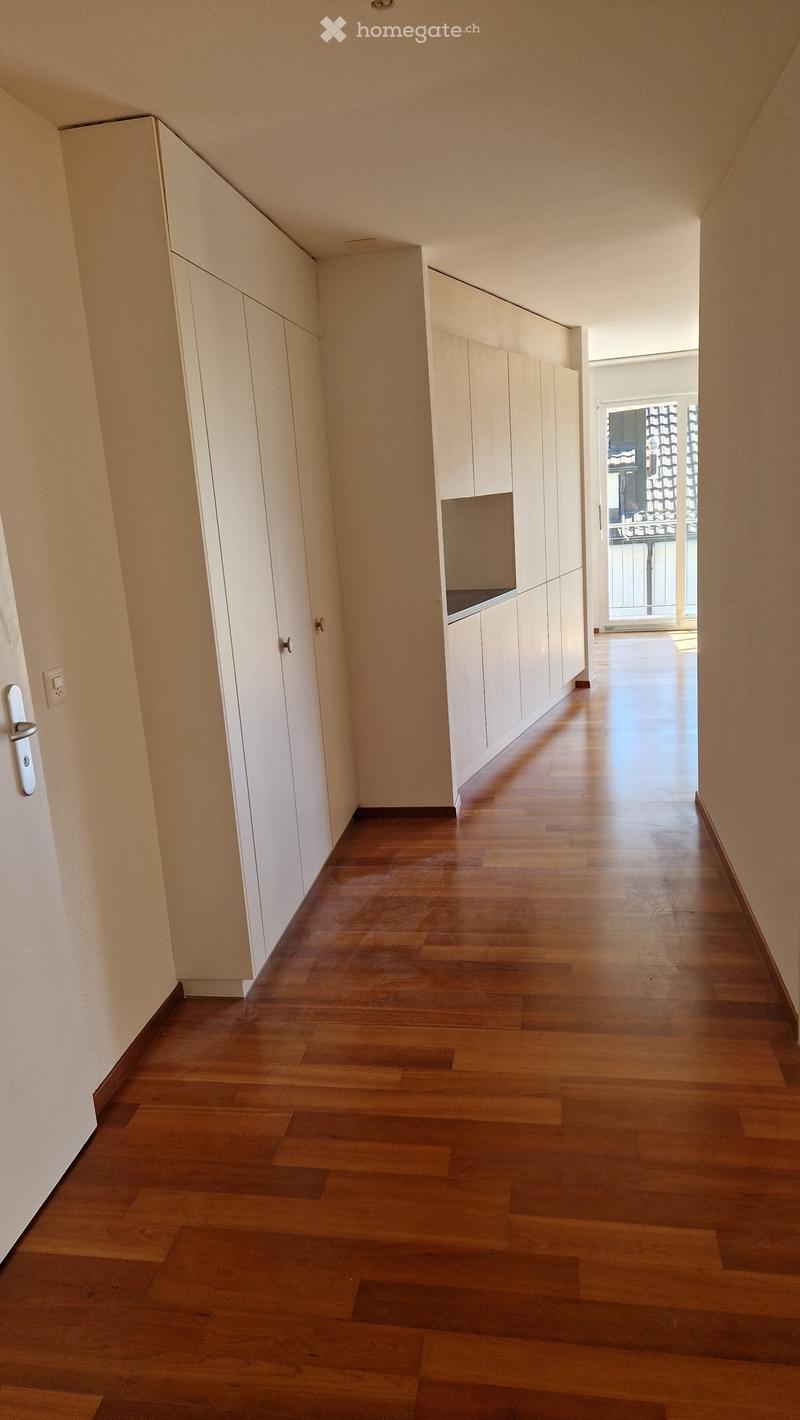 Modern hallway with wooden paneling on one wall, white ceiling with recessed lighting, and a window at the end providing natural light.
