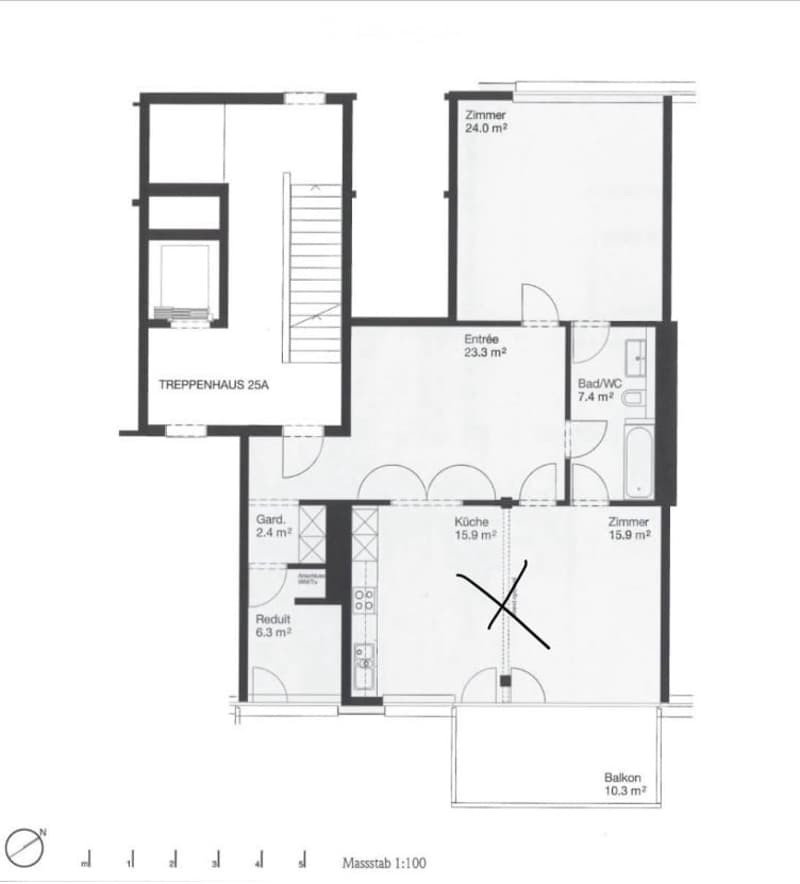 Floor plan of a 2-story house with living room, kitchen, 2 bedrooms, 2 bathrooms, balcony, and garden.