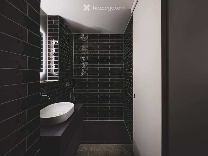 Modern bathroom with black tiled walls, a sleek white sink, and a glass-enclosed shower area.