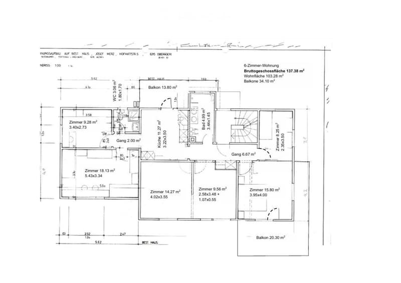 Floor plan of a 6-room apartment with a total area of 137.38 m², including a kitchen, living room, bedrooms, bathrooms, and balconies.