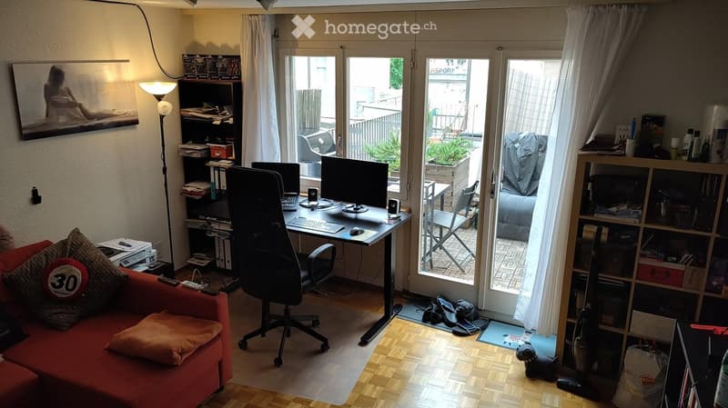 A modern living room with a red sofa, a desk with a computer, a bookshelf, and a large window leading to a balcony. The room features a wooden floor, a floor lamp, and various decorative items.