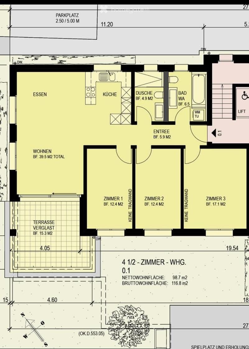 Floor plan of a 4.5-room apartment with living room, dining area, kitchen, three bedrooms, bathroom, shower, entrance, and terrace.