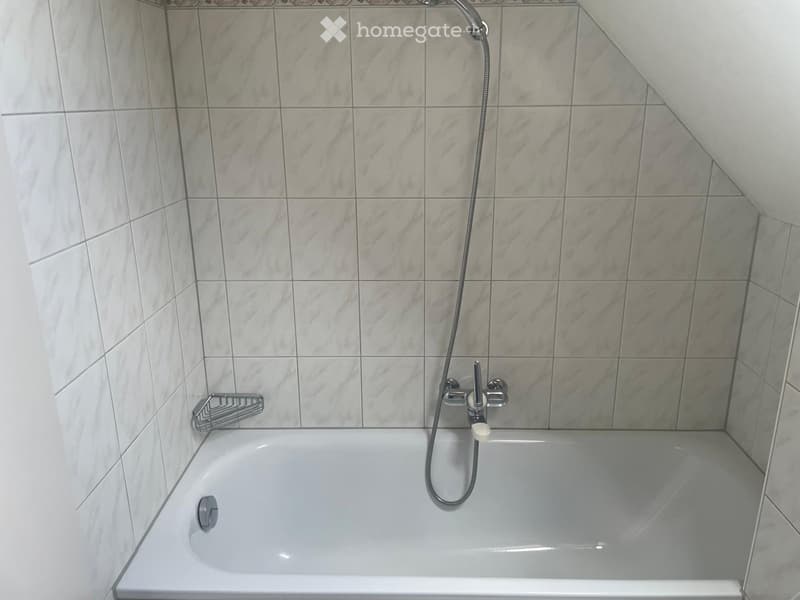 Modern bathroom with a white bathtub, marble tiles, a handheld showerhead, and a towel rack.