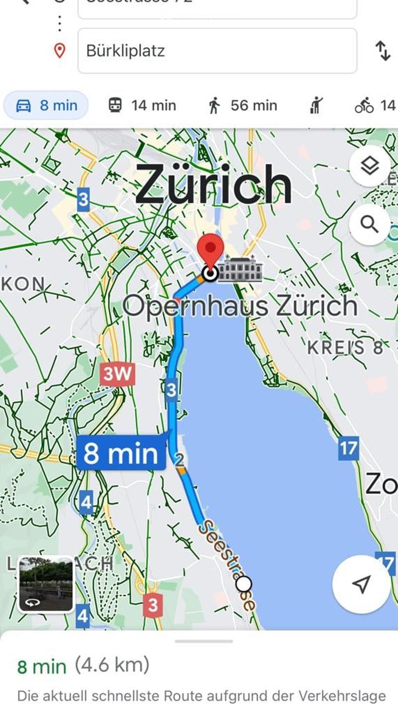 Map view showing a route from Bürkliplatz to Opernhaus Zürich, with travel time and distance indicated.