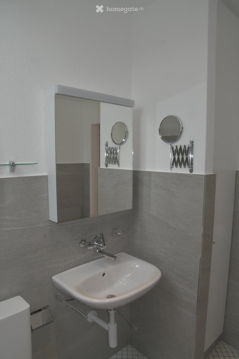Bathroom with white sink, mirror, and gray tiles