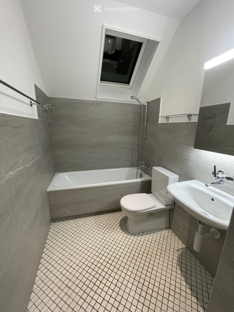 Bathroom with bathtub, toilet, sink, and skylight