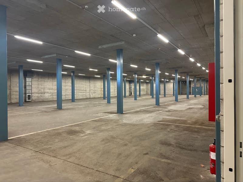 Empty underground parking area with concrete floors, blue support pillars, and fluorescent lighting.