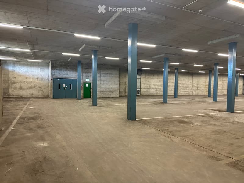 Empty underground parking area with concrete floors, blue support pillars, fluorescent lighting, and a green emergency exit door.