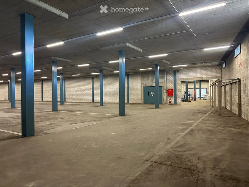 Empty underground parking area with concrete floors, blue support pillars, fluorescent lighting, and tiled walls.