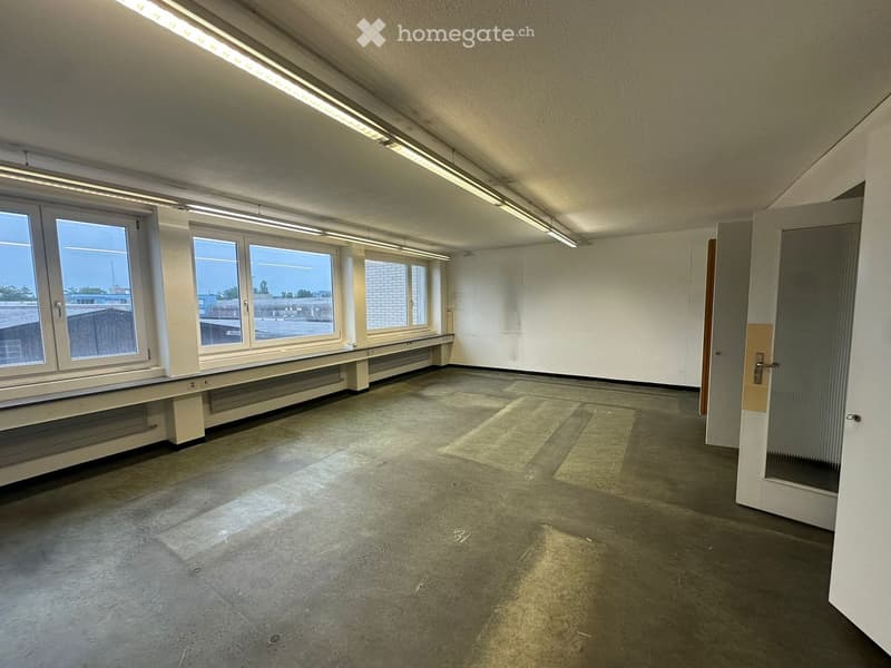 Empty room with concrete floor, white walls, large windows, and fluorescent lighting.